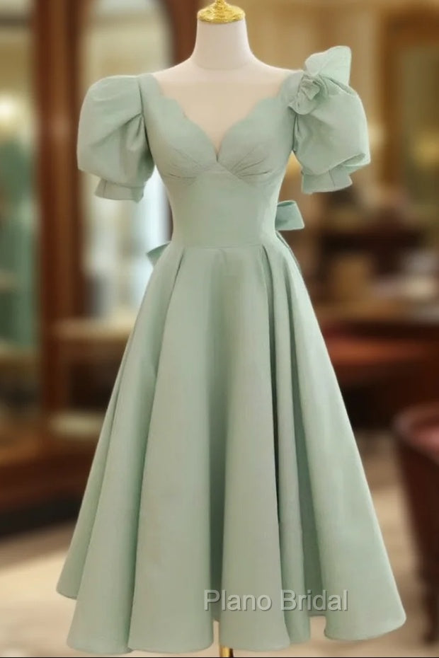 Simple Green V Neck Satin Short Formal Prom Dresses, Green Evening Dresses Main image