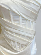 Simple Ivory Mermaid Square Neck Strapless Pleated Satin Formal Prom Dresses Bridesmaid Dresses