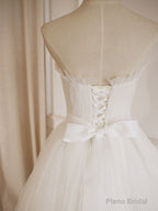 Simple  Lace Tea Length White Prom Dress, Tulle Lace Bridesmaid Dress