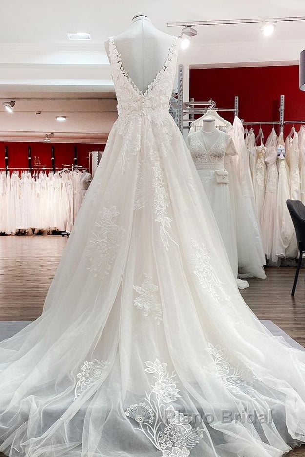 Simple Long A-line Tulle Lace V Neck Appliques Lace Open Back Wedding Dress Secondary image