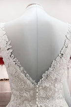 Simple Long A-line Tulle Lace V Neck Appliques Lace Open Back Wedding Dress