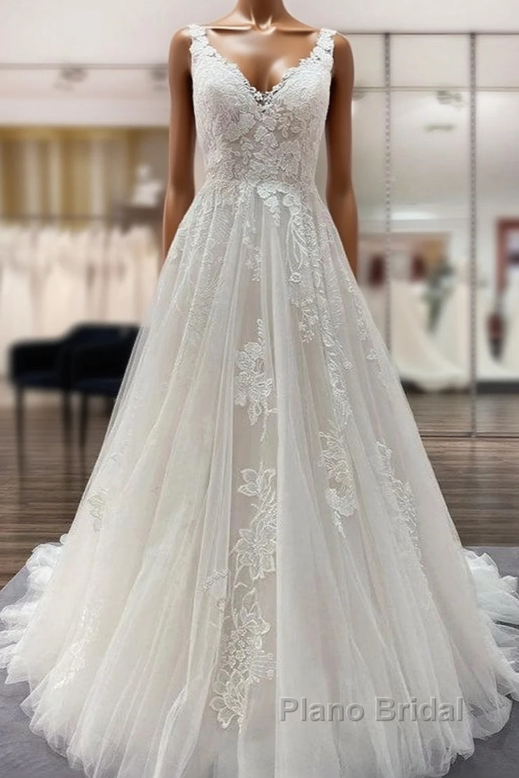 Simple Long A-line Tulle Lace V Neck Appliques Lace Open Back Wedding Dress