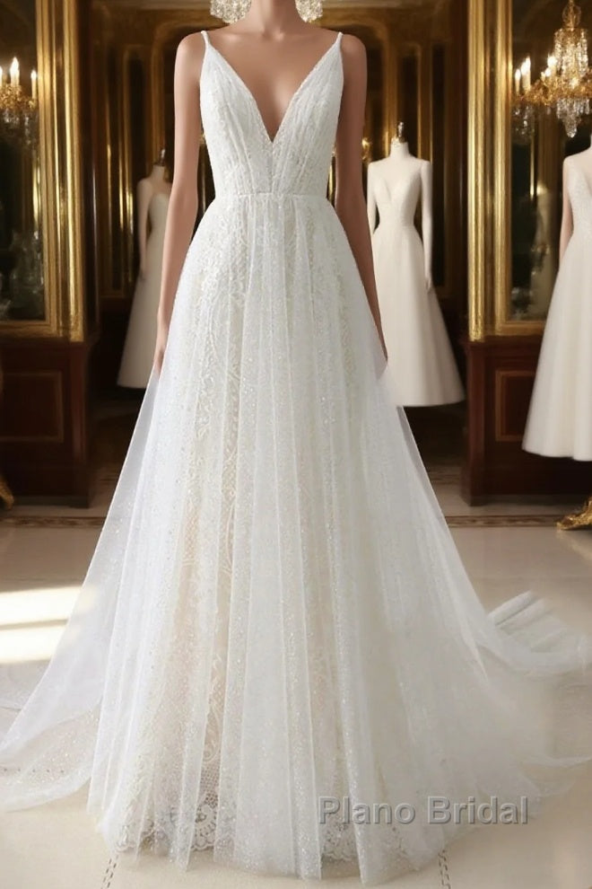 Simple Long A-line V Neck Tulle Wedding Dress Main image