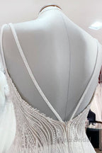 Simple Long V-neck Sequins Ruffles A-line Tulle Backless Wedding Dress