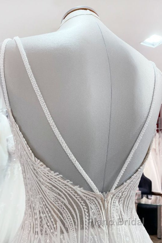 Simple Long V-neck Sequins Ruffles A-line Tulle Backless Wedding Dress