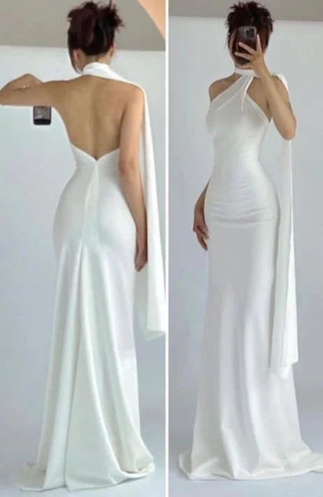 Simple Mermaid High Neckline White Party Dresses Long Formal Prom Dresses, Main image
