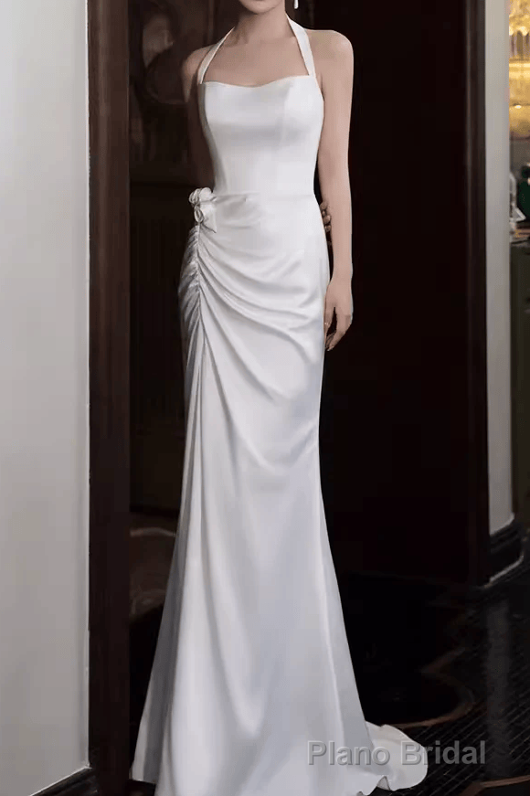 Simple Mermaid Halter Long White Prom Dresses Main image