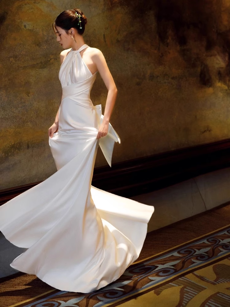 Simple Mermaid Halter Party Dresses Long White Formal Prom Dresses