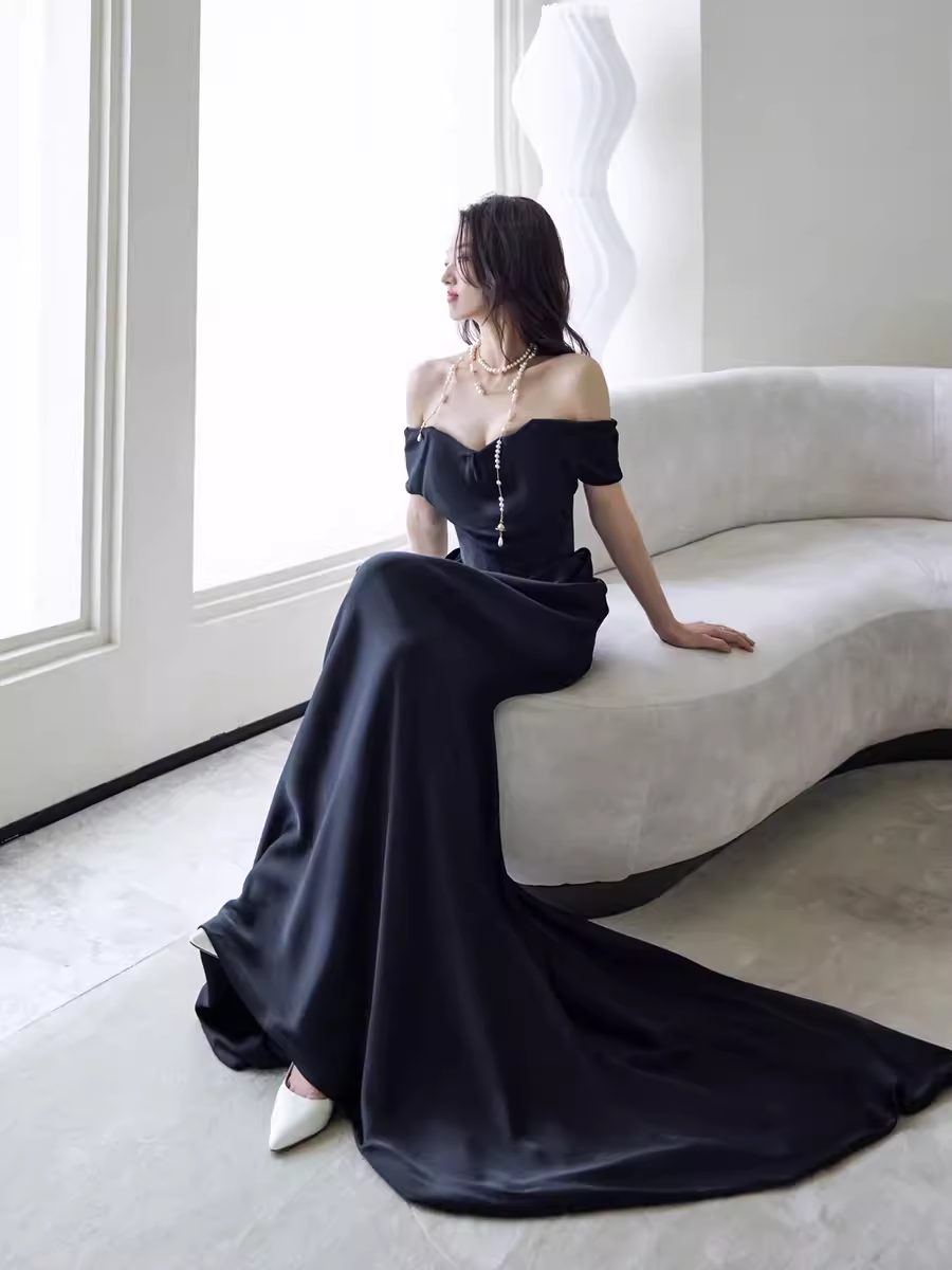 Simple Mermaid Off The Shoulder Black Formal Prom Dresses Formal Evening Dresses