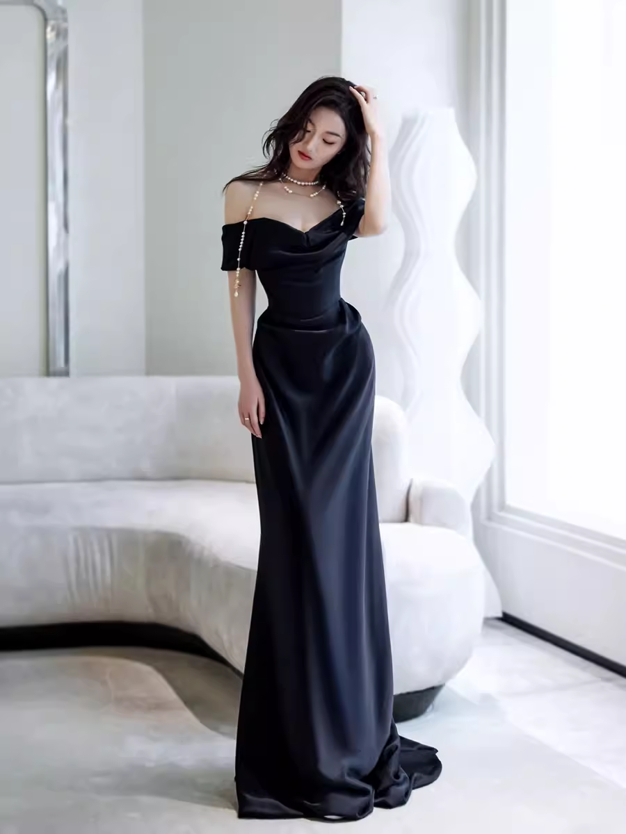Simple Mermaid Off The Shoulder Black Formal Prom Dresses Formal Evening Dresses