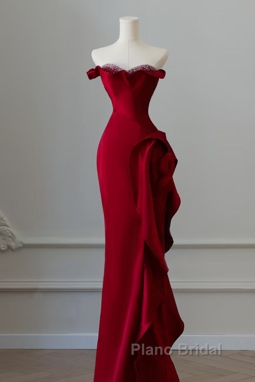 Simple Mermaid Off The Shoulder Neckline Burgundy Sequin Long Party Dresses Formal Prom Dresses