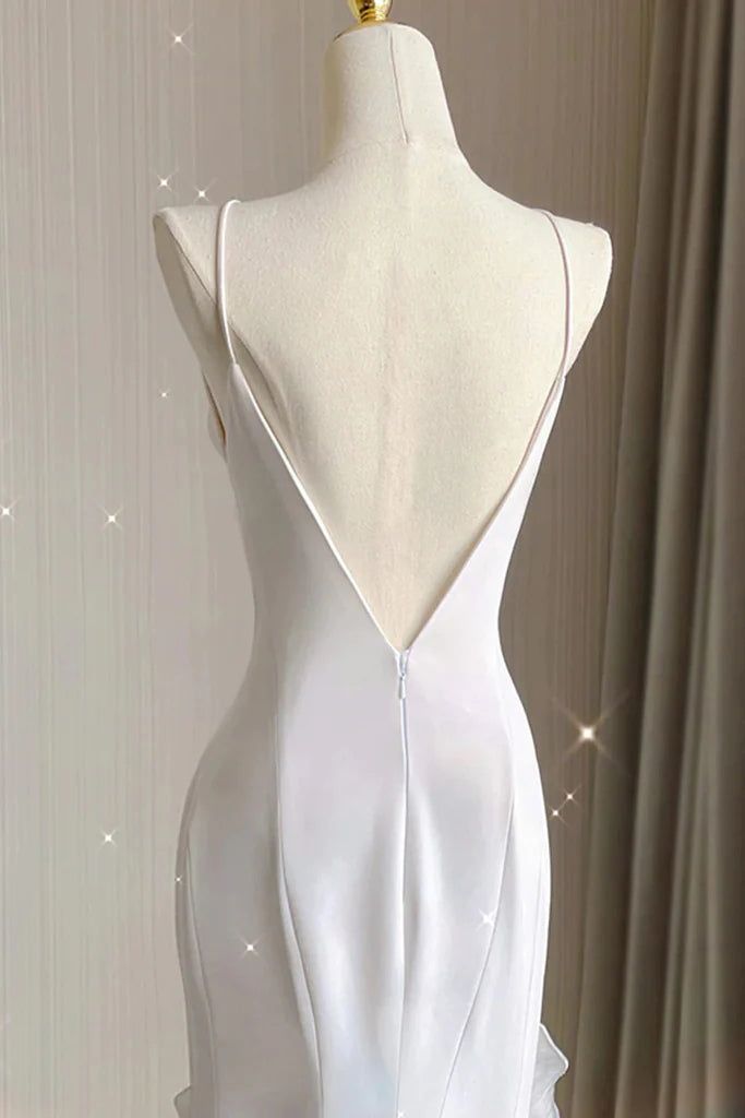 Simple Mermaid Formal Prom Gown With Ruffles Spaghetti Straps Backless Formal Prom Dresses For Date