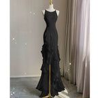 Simple Mermaid Formal Prom Gown With Ruffles Spaghetti Straps Backless Formal Prom Dresses For Date