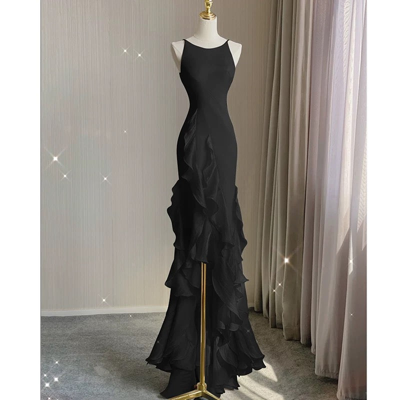 Simple Mermaid Formal Prom Gown With Ruffles Spaghetti Straps Backless Formal Prom Dresses For Date