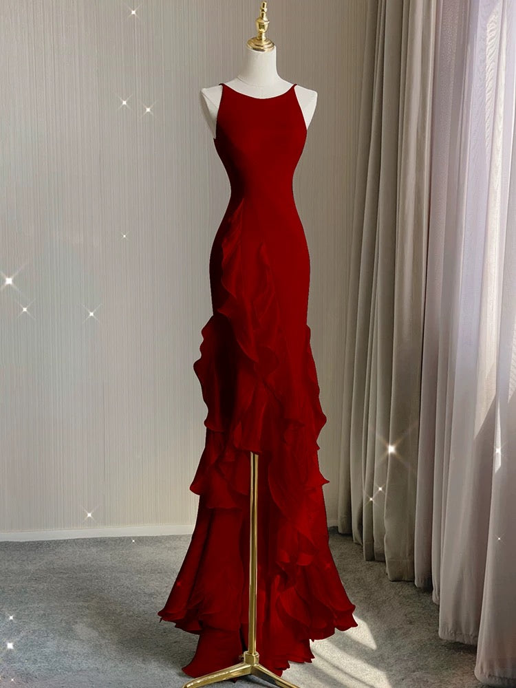 Simple Mermaid Formal Prom Gown With Ruffles Spaghetti Straps Backless Formal Prom Dresses For Date