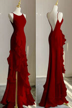 Simple Mermaid Formal Prom Gown With Ruffles Spaghetti Straps Backless Formal Prom Dresses For Date