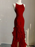 Simple Mermaid Formal Prom Gown With Ruffles Spaghetti Straps Backless Formal Prom Dresses For Date