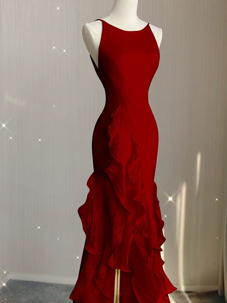 Simple Mermaid Formal Prom Gown With Ruffles Spaghetti Straps Backless Formal Prom Dresses For Date