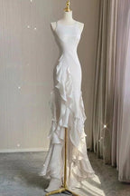 Simple Mermaid Formal Prom Gown With Ruffles Spaghetti Straps Backless Formal Prom Dresses For Date
