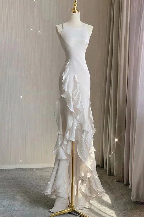 Simple Mermaid Formal Prom Gown With Ruffles Spaghetti Straps Backless Formal Prom Dresses For Date