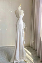 Simple Mermaid Formal Prom Gown With Ruffles Spaghetti Straps Backless Formal Prom Dresses For Date