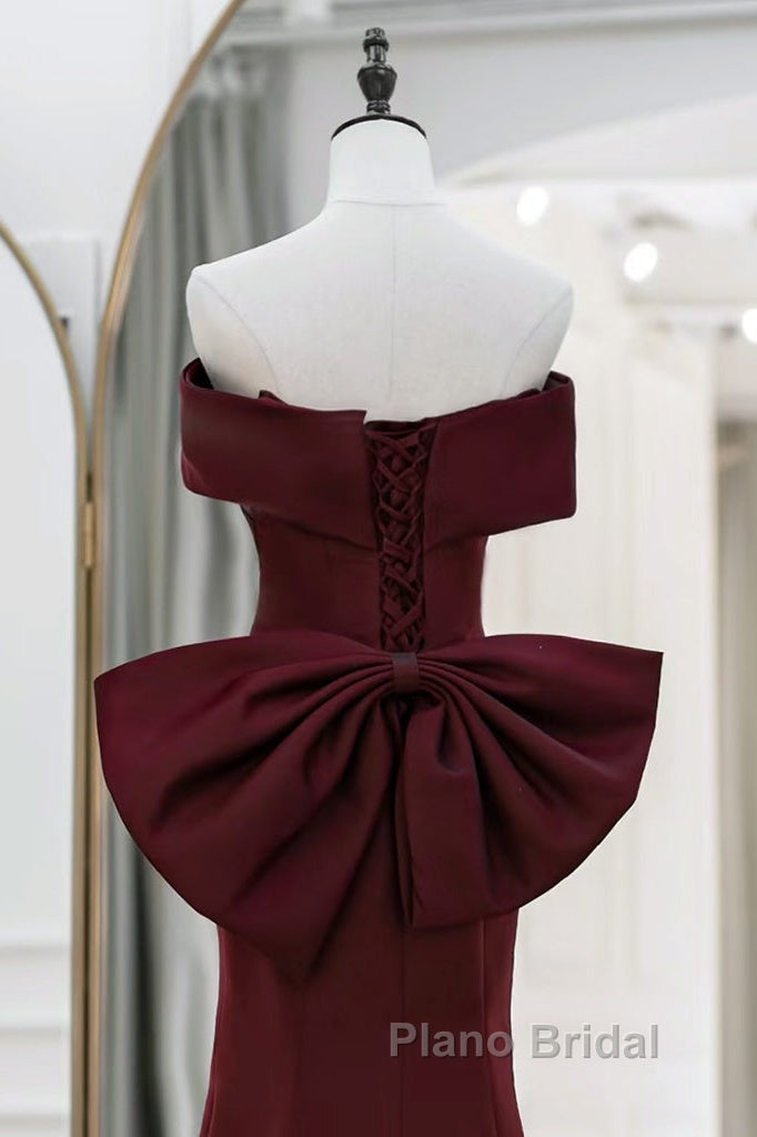 Simple Mermaid Satin Burgundy Long Formal Prom Dresses, Burgundy Long Formal Dresses