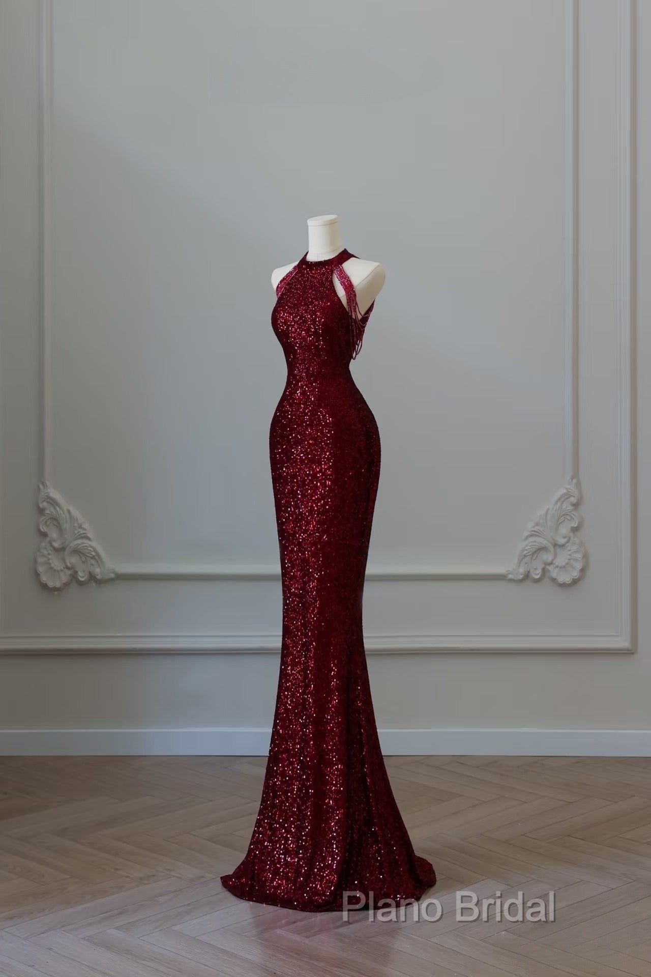 Simple Mermaid Scoop Neckline Burgundy Sequin Long Party Dresses Formal Prom Dresses Secondary image