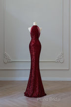 Simple Mermaid Scoop Neckline Burgundy Sequin Long Party Dresses Formal Prom Dresses