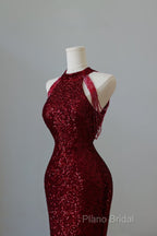 Simple Mermaid Scoop Neckline Burgundy Sequin Long Party Dresses Formal Prom Dresses