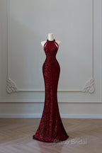 Simple Mermaid Scoop Neckline Burgundy Sequin Long Party Dresses Formal Prom Dresses