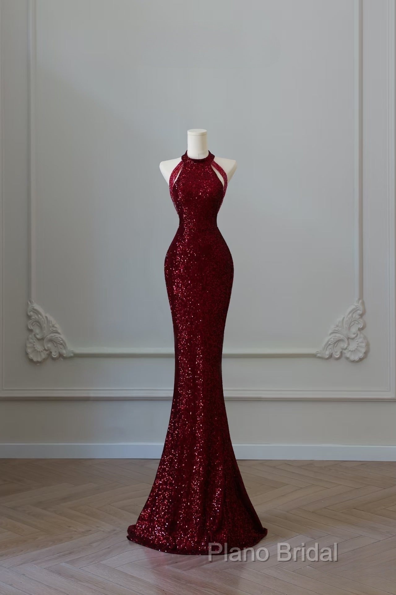 Simple Mermaid Scoop Neckline Burgundy Sequin Long Party Dresses Formal Prom Dresses