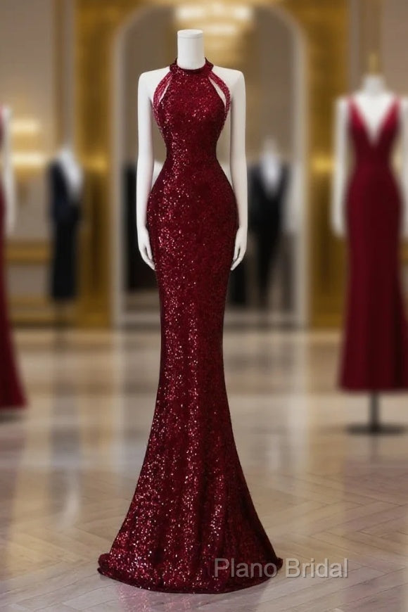 Simple Mermaid Scoop Neckline Burgundy Sequin Long Party Dresses Formal Prom Dresses