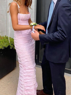Simple Mermaid Spaghetti Straps Floor Length Sleeveless Pink Formal Prom Dresses