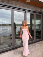 Simple Mermaid Spaghetti Straps Floor Length Sleeveless Pink Formal Prom Dresses