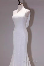 Simple Mermaid Spaghetti Straps Sequin White Long Wedding Dresses