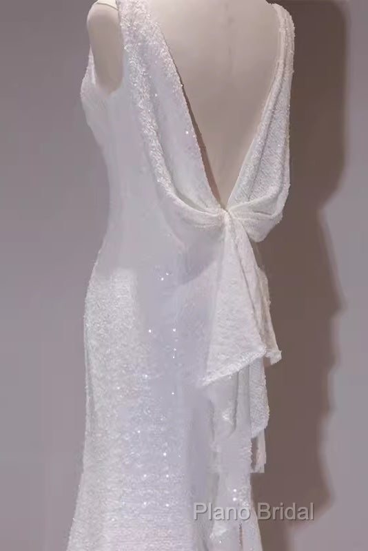Simple Mermaid Spaghetti Straps Sequin White Long Wedding Dresses