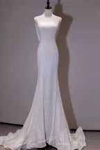 Simple Mermaid Spaghetti Straps Sequin White Long Wedding Dresses