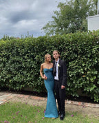 Simple Mermaid Strapless Floor Length Sleeveless Blue Formal Prom Dresses