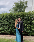 Simple Mermaid Strapless Floor Length Sleeveless Blue Formal Prom Dresses