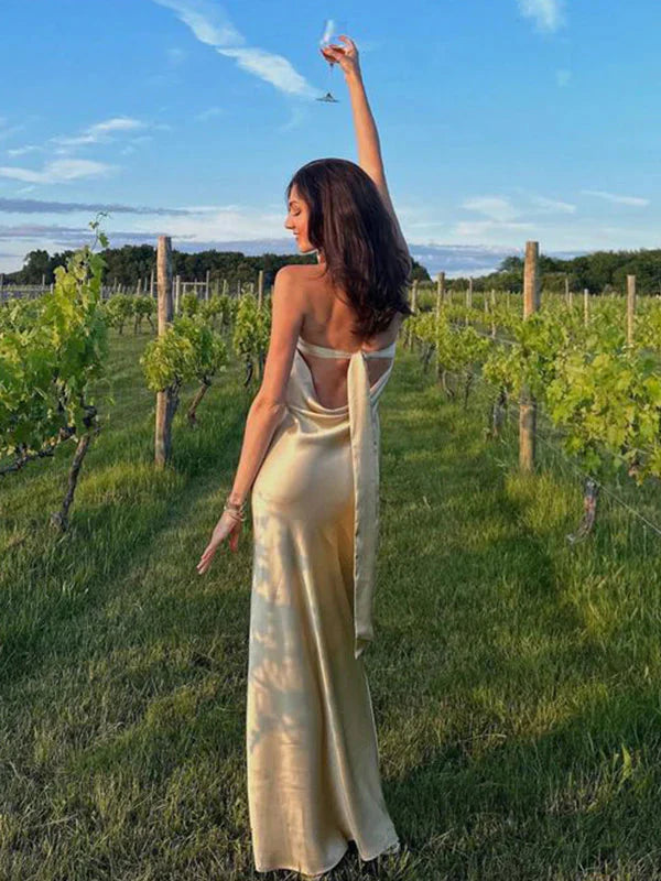 Simple Mermaid Strapless Neckline Long Party Dresses Satin Yellow Formal Prom Dresses Secondary image