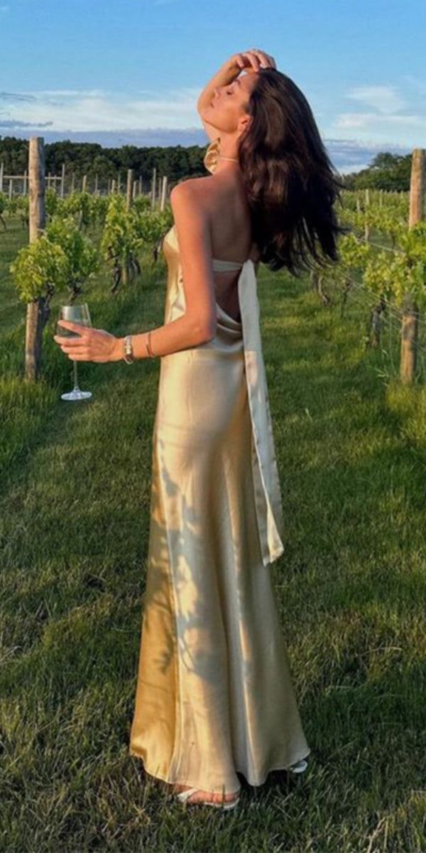 Simple Mermaid Strapless Neckline Long Party Dresses Satin Yellow Formal Prom Dresses Main image