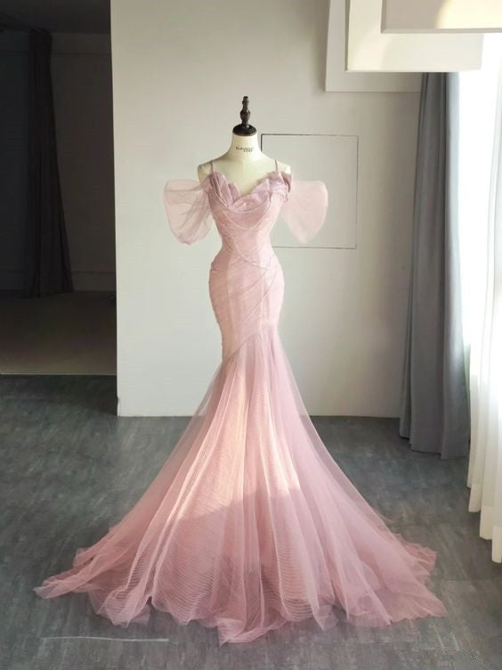 Simple Mermaid Straps Pink Tulle Long Formal Prom Dresses Main image