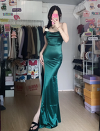 Simple Mermaid Dark Green Thin Strap High Slit Satin Long Formal Prom Dresses