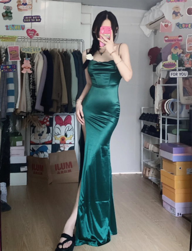 Simple Mermaid Dark Green Thin Strap High Slit Satin Long Formal Prom Dresses