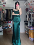Simple Mermaid Dark Green Thin Strap High Slit Satin Long Formal Prom Dresses