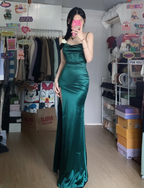 Simple Mermaid Dark Green Thin Strap High Slit Satin Long Formal Prom Dresses
