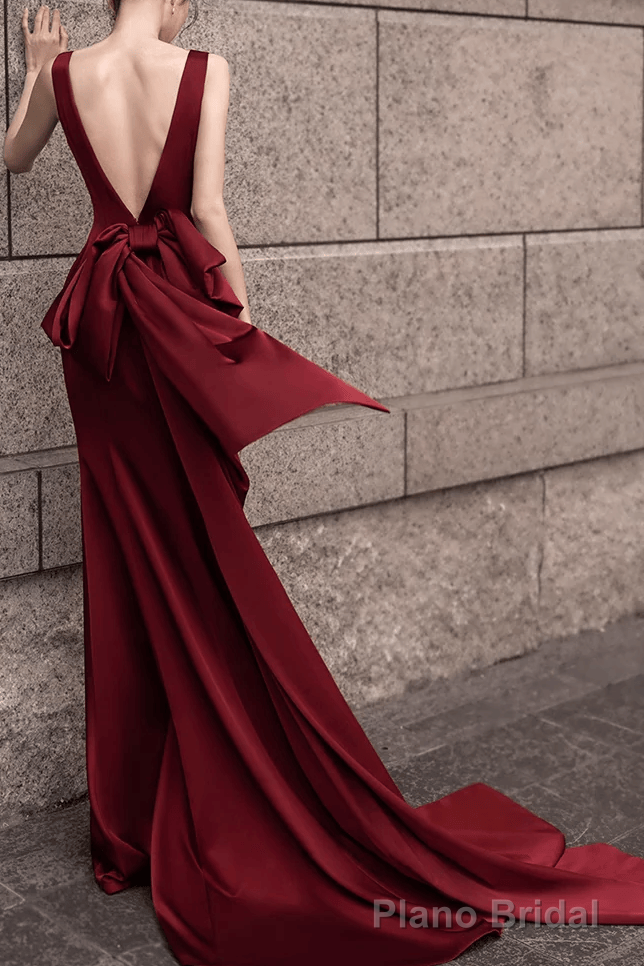 Simple Mermaid V neckline Party Dresses Long Burgundy Prom Dresses