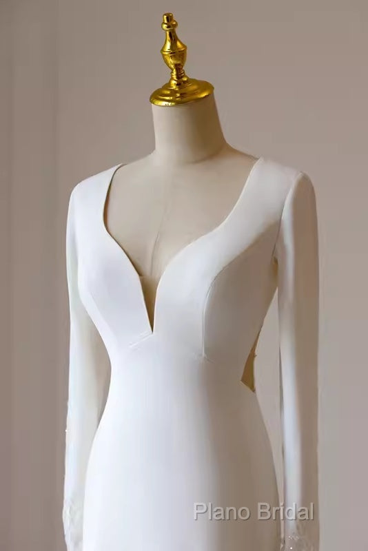 Simple Mermaid V Neckline Satin Ivory Long Sleeves Wedding Dresses Secondary image