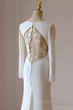 Simple Mermaid V Neckline Satin Ivory Long Sleeves Wedding Dresses