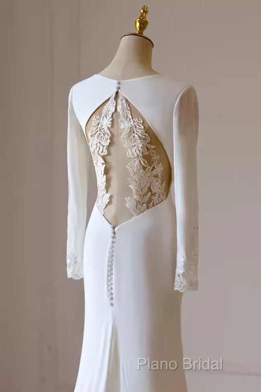 Simple Mermaid V Neckline Satin Ivory Long Sleeves Wedding Dresses